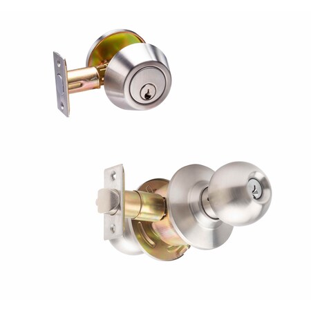 Satin SS Cylindrical Entry Door Knob 2-3/8 Backset Lockset & Single Cylinder Deadbolt Combo Pack